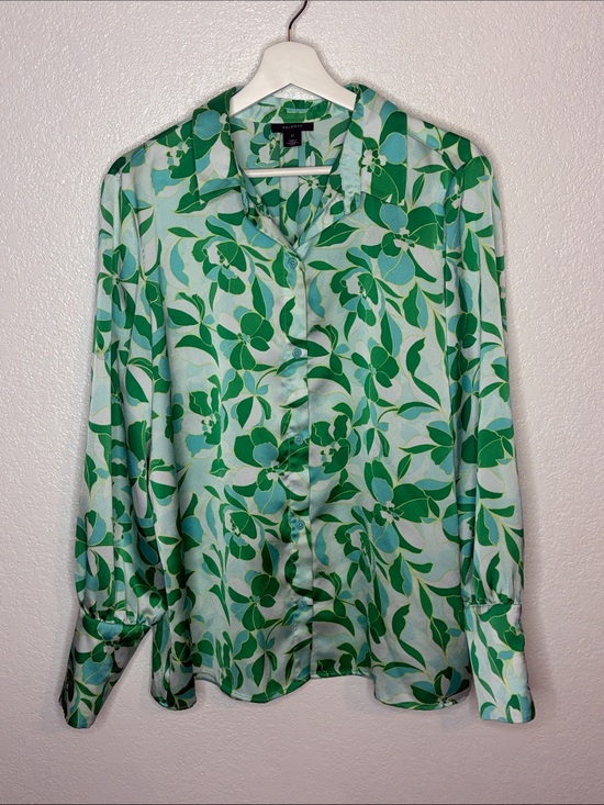 Halogen Tops - Halogen Green & Blue Satin Floral Button Down Blouse Size XL Career Wear